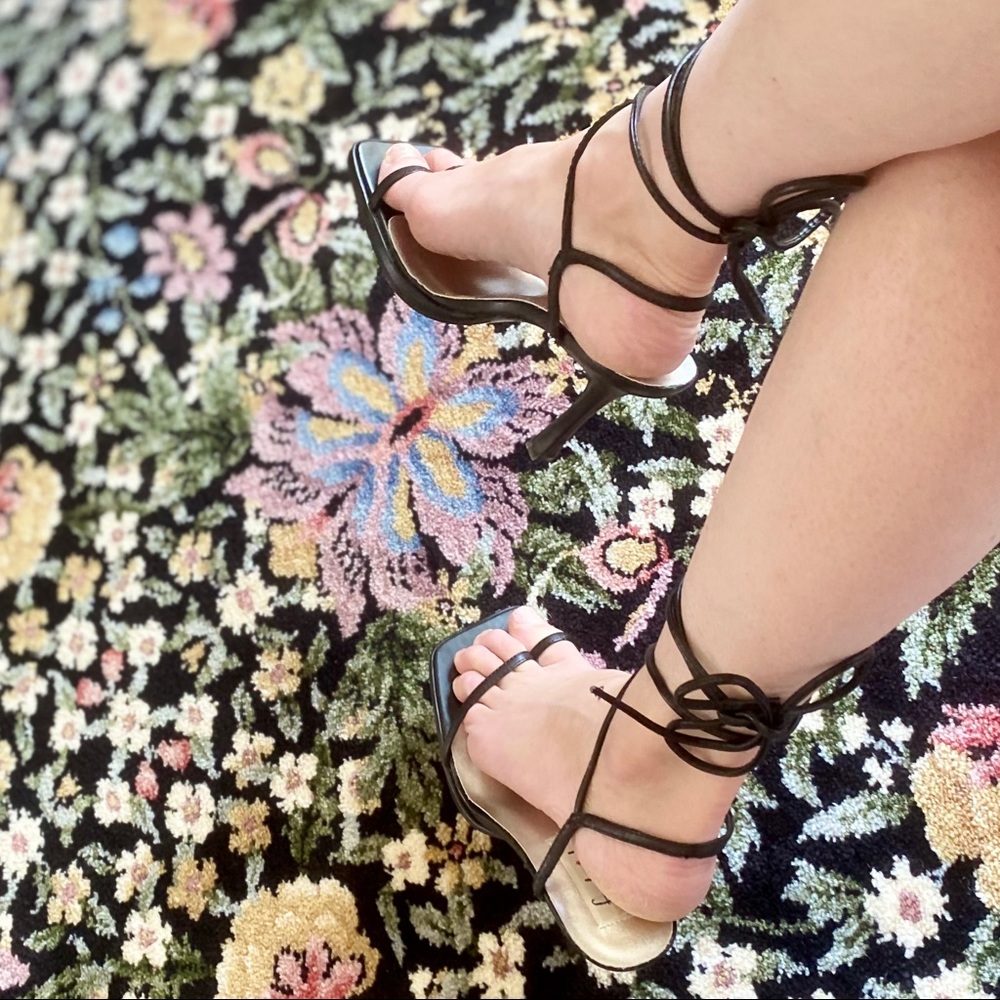 🖤 Vntg FOH Black Lace Up Square Toe Sandals 7.5